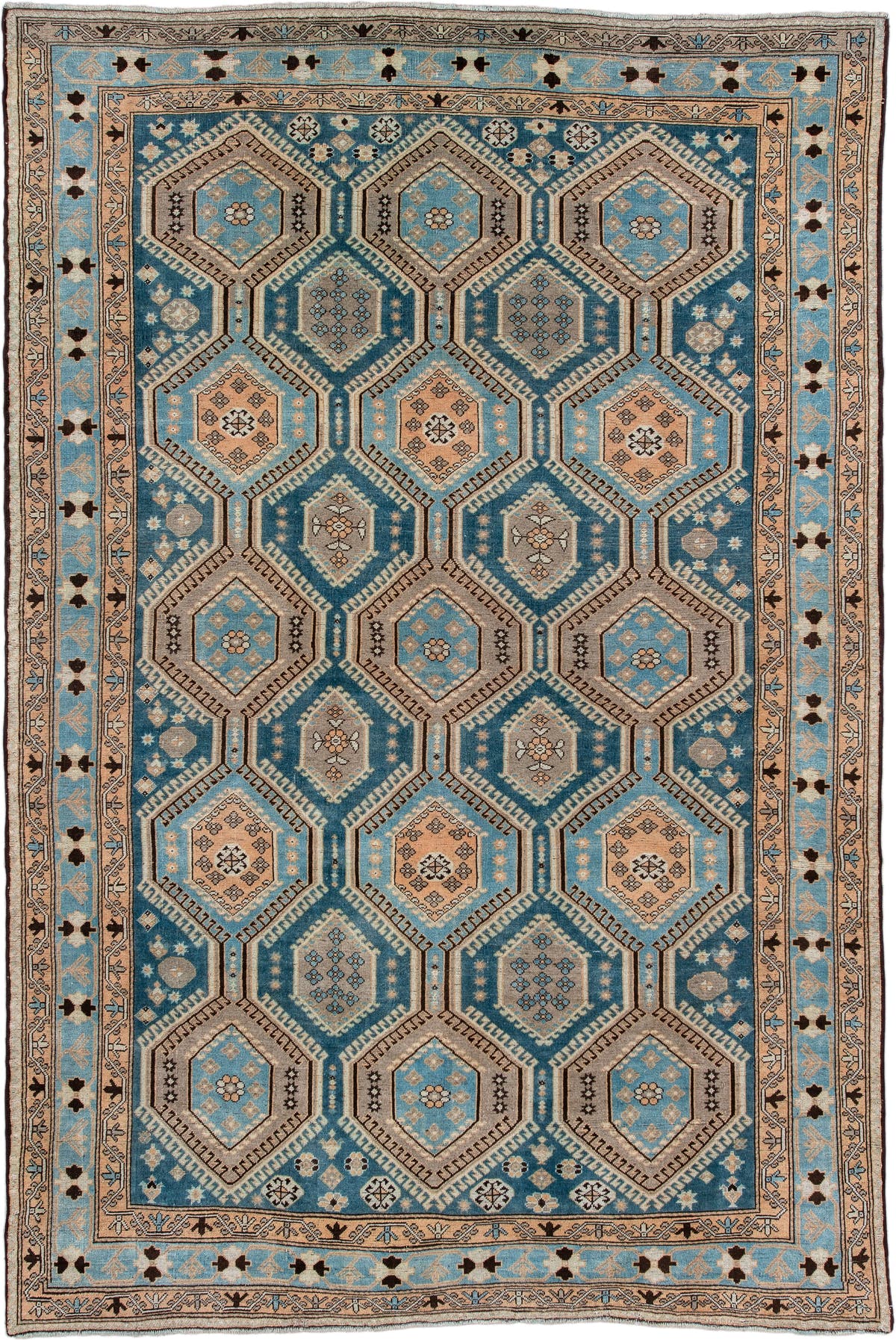 6' x 10' one-of-a-kind handmade antique Afshar large size rug. Color palette: teal, camel, ivory, pale blue, taupe, charcoal