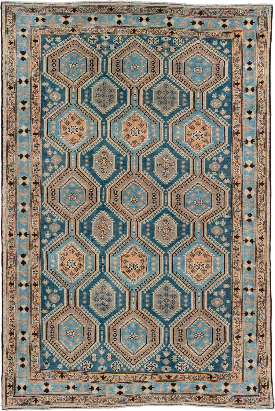 6' x 10' one-of-a-kind handmade antique Afshar large size rug. Color palette: teal, camel, ivory, pale blue, taupe, charcoal