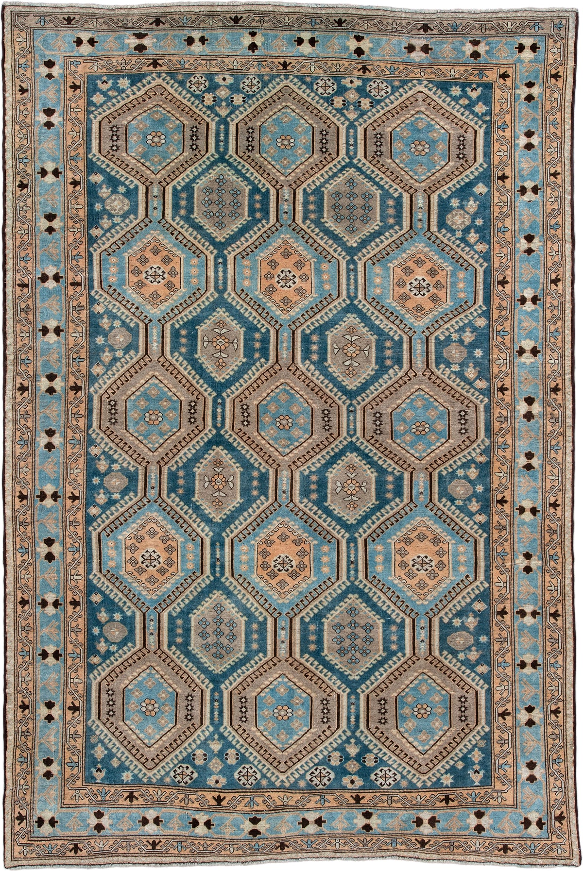 6' x 10' one-of-a-kind handmade antique Afshar large size rug. Color palette: teal, camel, ivory, pale blue, taupe, charcoal