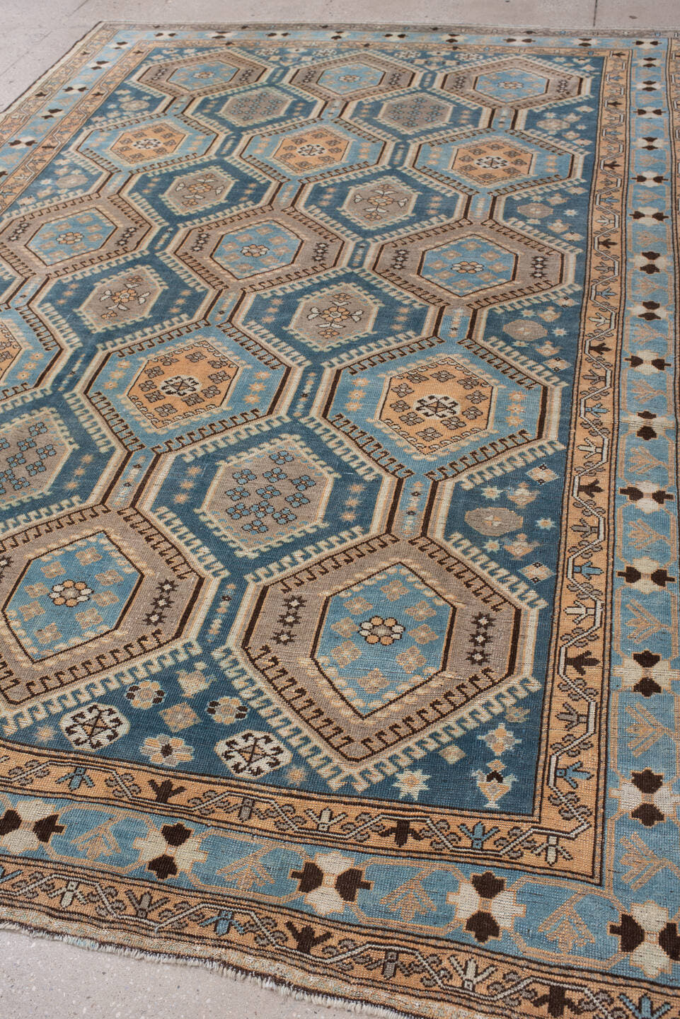 6' x 10' one-of-a-kind handmade antique Afshar large size rug. Color palette: teal, camel, ivory, pale blue, taupe, charcoal