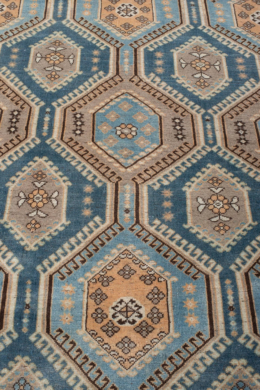 6' x 10' one-of-a-kind handmade antique Afshar large size rug. Color palette: teal, camel, ivory, pale blue, taupe, charcoal