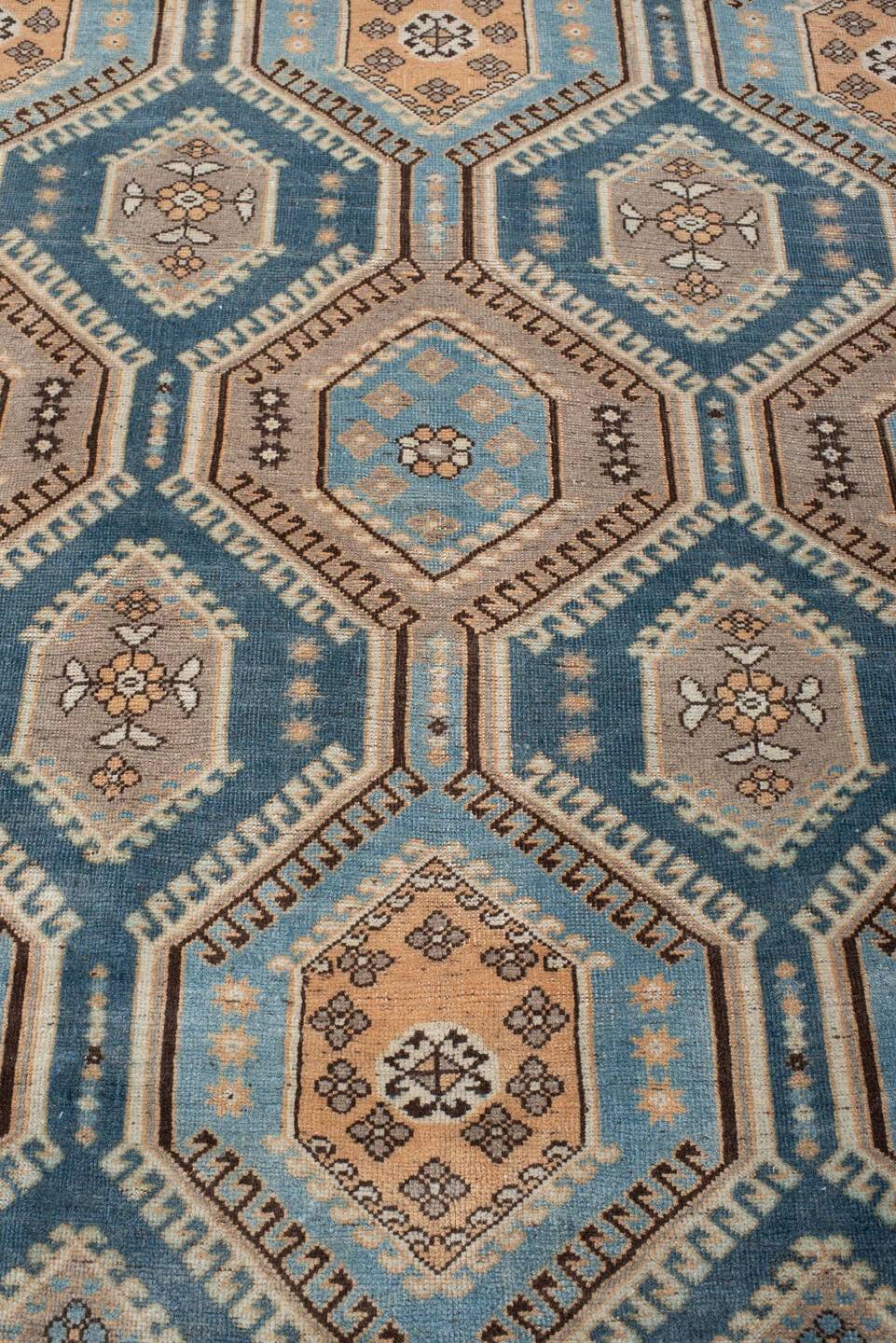 6' x 10' one-of-a-kind handmade antique Afshar large size rug. Color palette: teal, camel, ivory, pale blue, taupe, charcoal
