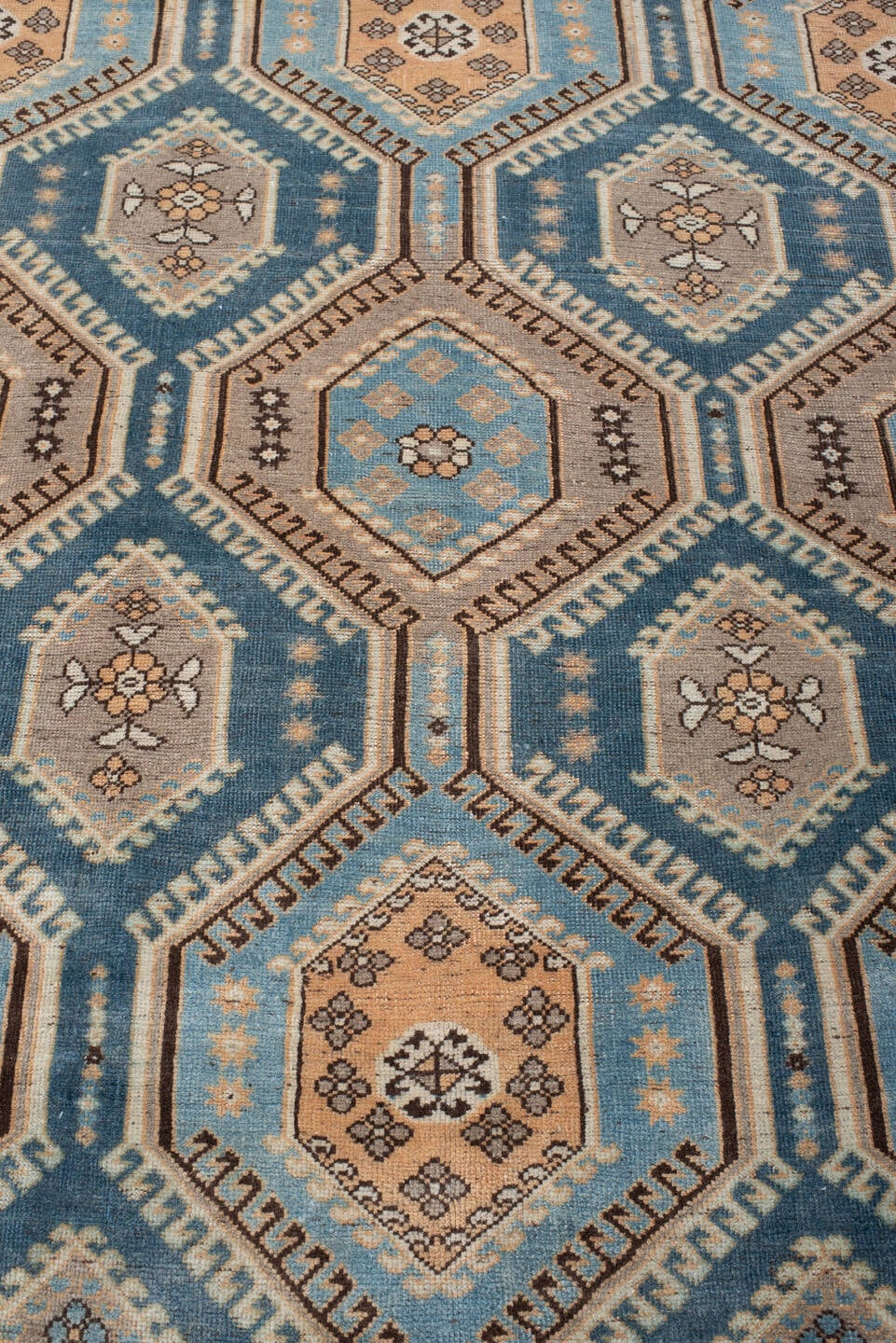 6' x 10' one-of-a-kind handmade antique Afshar large size rug. Color palette: teal, camel, ivory, pale blue, taupe, charcoal