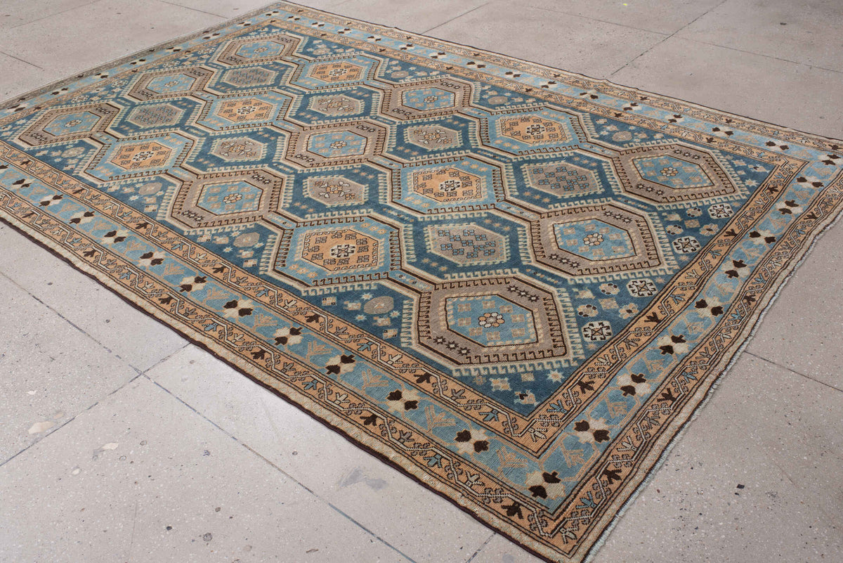 6' x 10' one-of-a-kind handmade antique Afshar large size rug. Color palette: teal, camel, ivory, pale blue, taupe, charcoal