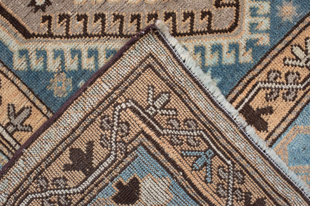 6' x 10' one-of-a-kind handmade antique Afshar large size rug. Color palette: teal, camel, ivory, pale blue, taupe, charcoal
