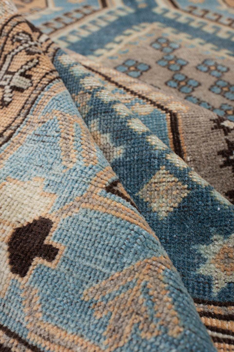 6' x 10' one-of-a-kind handmade antique Afshar large size rug. Color palette: teal, camel, ivory, pale blue, taupe, charcoal