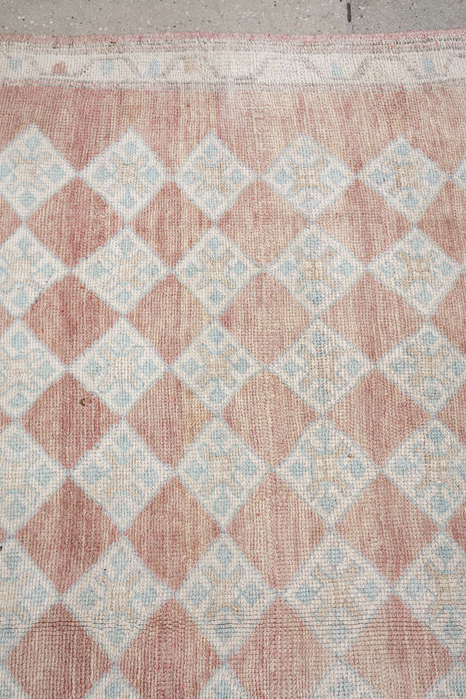 6' x 8' one-of-a-kind handmade antique Anatolian medium size rug. Color palette: terracotta, ivory, pale blue, blush, taupe
