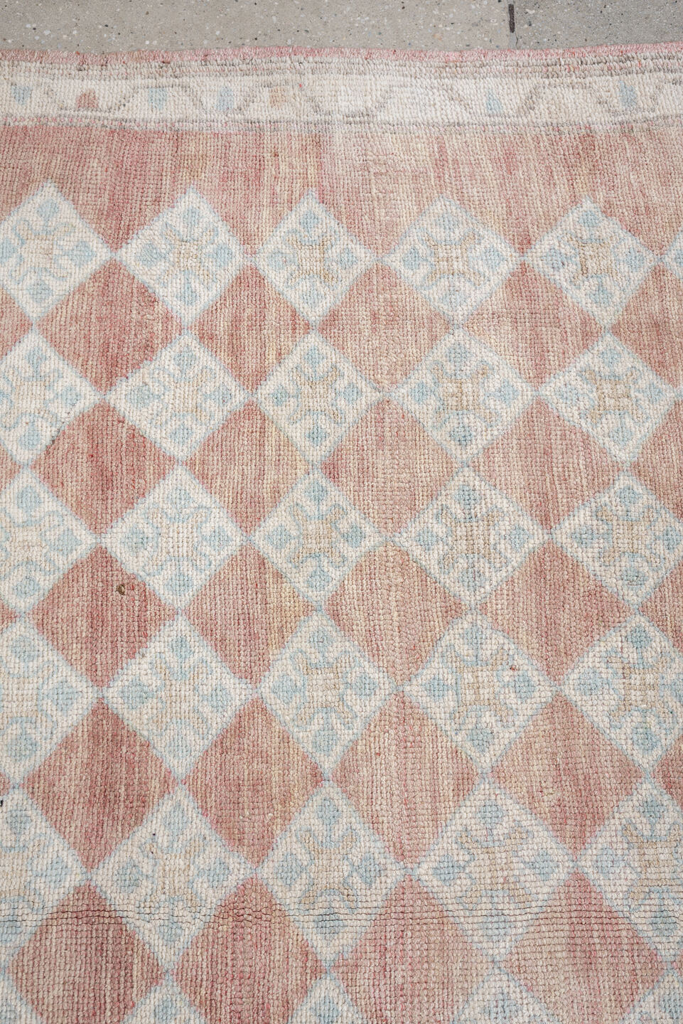 6' x 8' one-of-a-kind handmade antique Anatolian medium size rug. Color palette: terracotta, ivory, pale blue, blush, taupe
