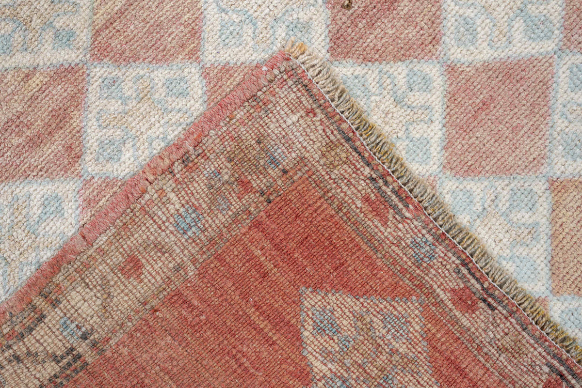 6' x 8' one-of-a-kind handmade antique Anatolian medium size rug. Color palette: terracotta, ivory, pale blue, blush, taupe