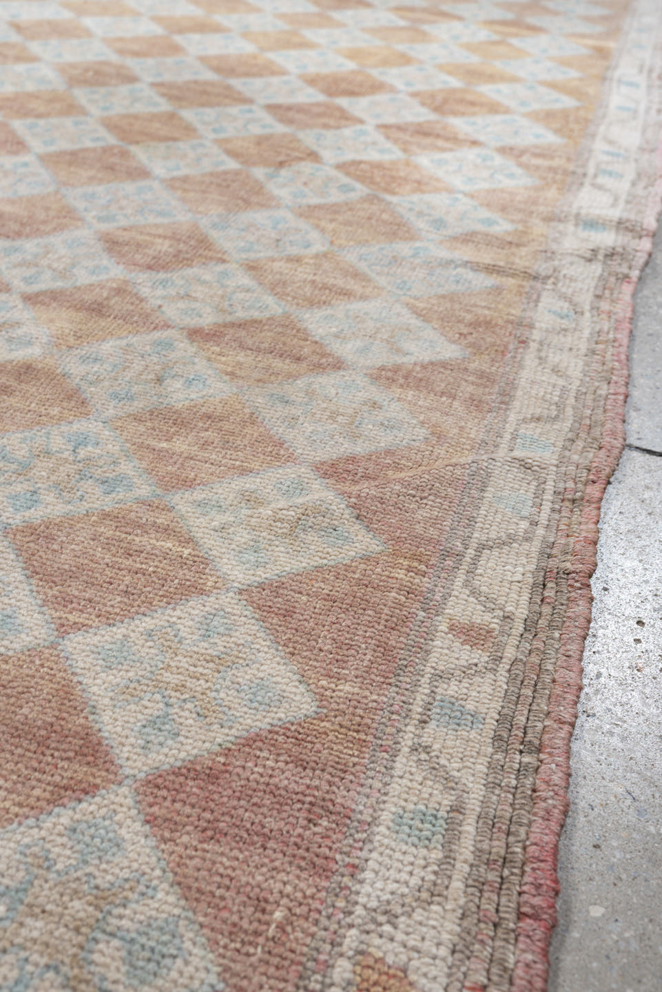 6' x 8' one-of-a-kind handmade antique Anatolian medium size rug. Color palette: terracotta, ivory, pale blue, blush, taupe