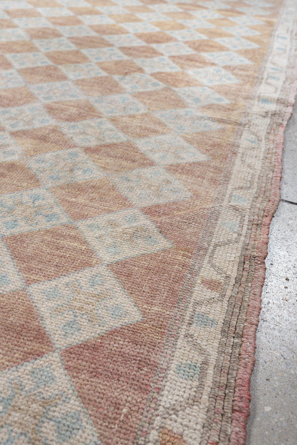 6' x 8' one-of-a-kind handmade antique Anatolian medium size rug. Color palette: terracotta, ivory, pale blue, blush, taupe