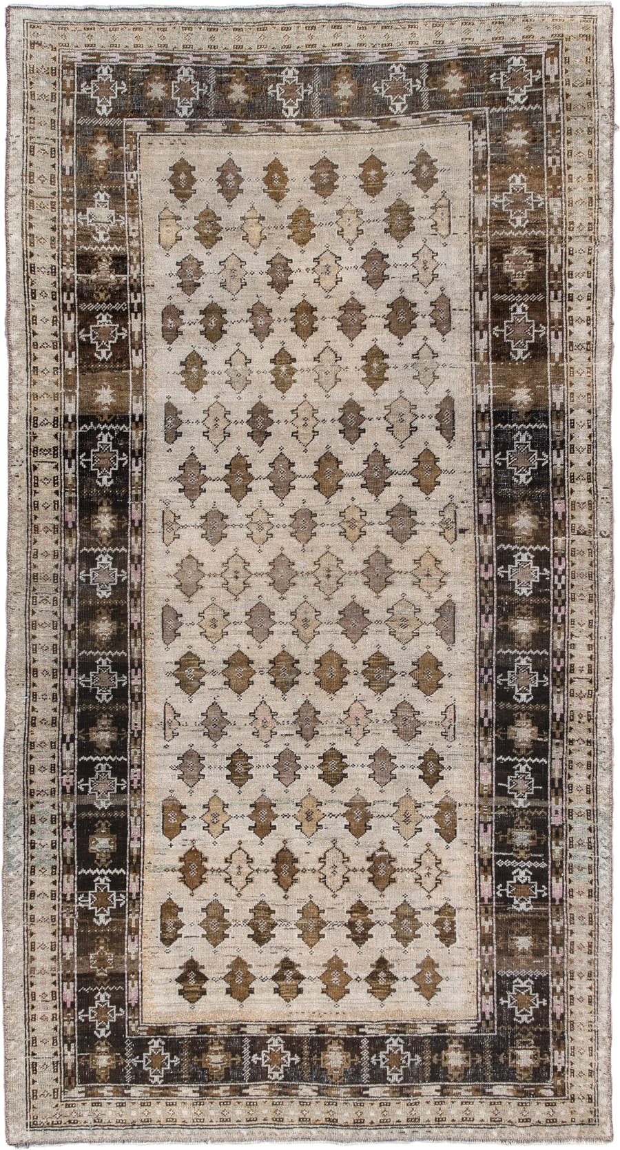 3' x 7' one-of-a-kind handmade antique Anatolian rug. Color palette: ivory, walnut brown, taupe, camel, charcoal, soft rose