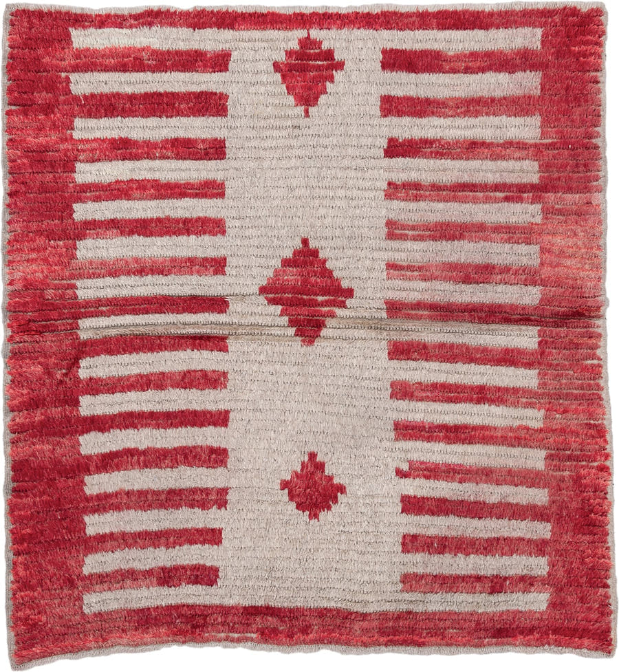 4' x 4' one-of-a-kind handmade antique Tulu small size rug. Color palette: ivory, crimson, rose, taupe, red, pink, beige