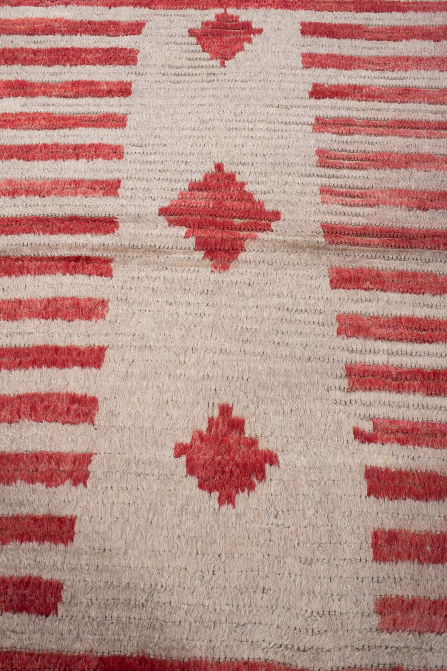 4' x 4' one-of-a-kind handmade antique Tulu small size rug. Color palette: ivory, crimson, rose, taupe, red, pink, beige