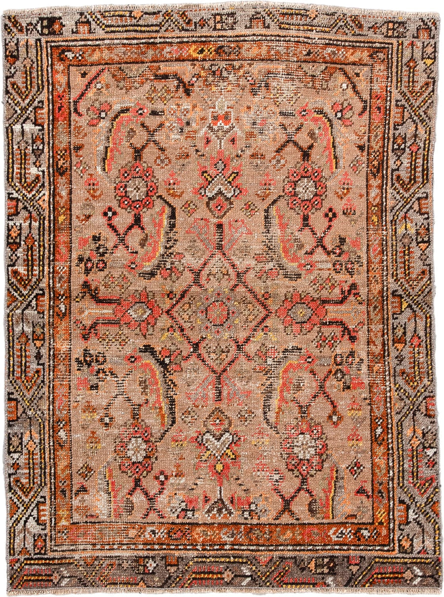 3' x 4' one-of-a-kind handmade antique Anatolian small size rug. Color palette: taupe, rust, coral, charcoal, ivory, ochre