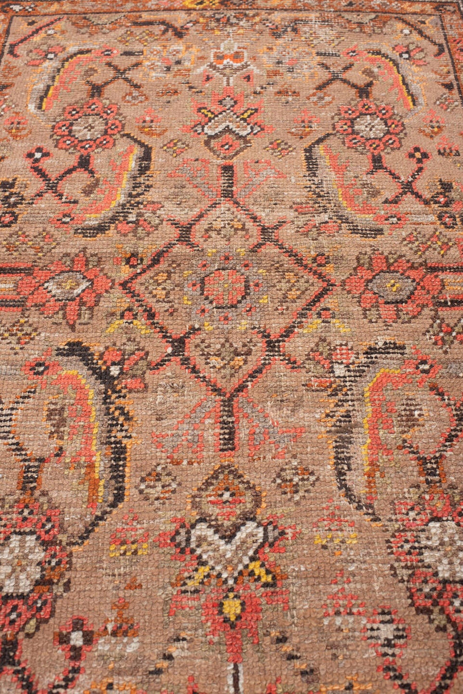 3' x 4' one-of-a-kind handmade antique Anatolian small size rug. Color palette: taupe, rust, coral, charcoal, ivory, ochre