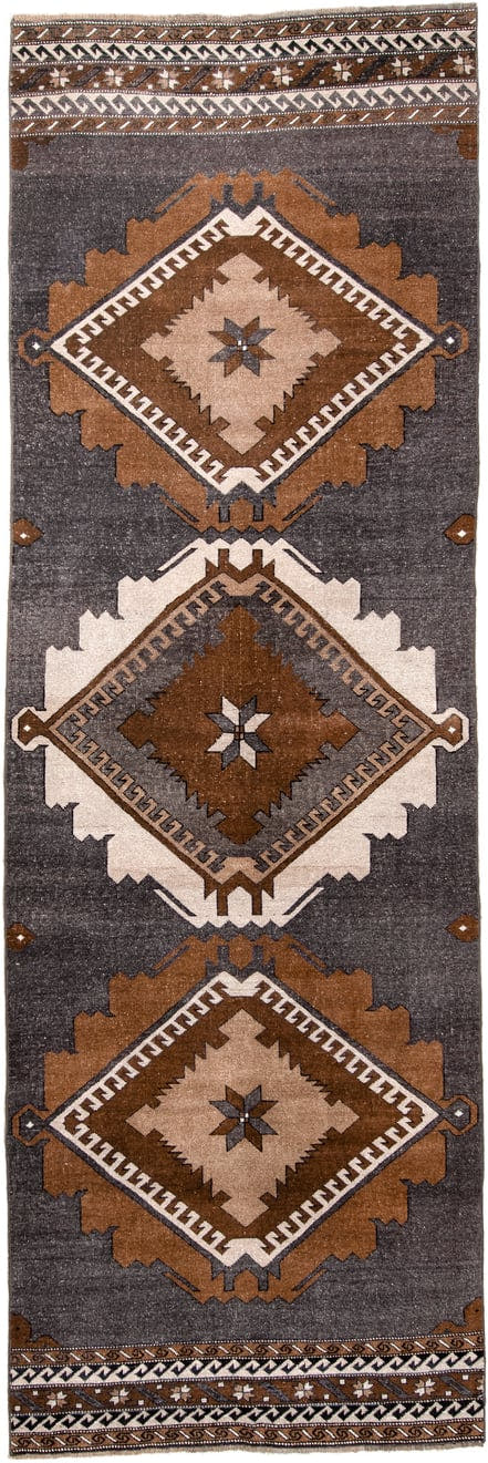 3' x 11' one-of-a-kind handmade antique Kars runner rug. Color palette: charcoal, rust, ivory, camel, taupe, ebony, black