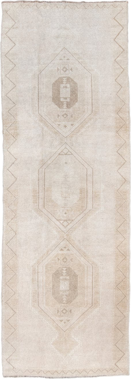 4' x 11' one-of-a-kind handmade antique Anatolian runner rug. Color palette: ivory, cream, taupe, beige, sand, camel, gray