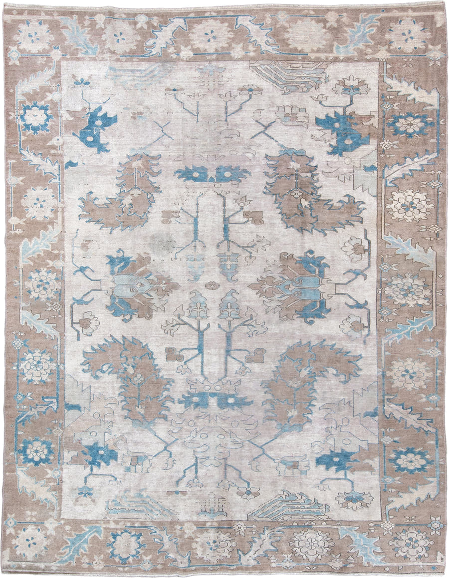 6' x 8' one-of-a-kind handmade antique Oushak rug. Color palette: ivory, taupe, powder blue, beige, pale blue, soft gray