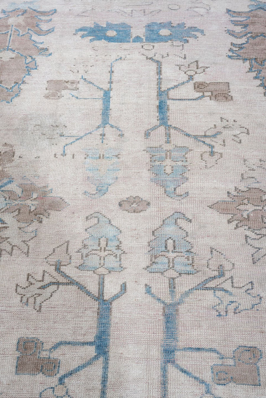 6' x 8' one-of-a-kind handmade antique Oushak rug. Color palette: ivory, taupe, powder blue, beige, pale blue, soft gray