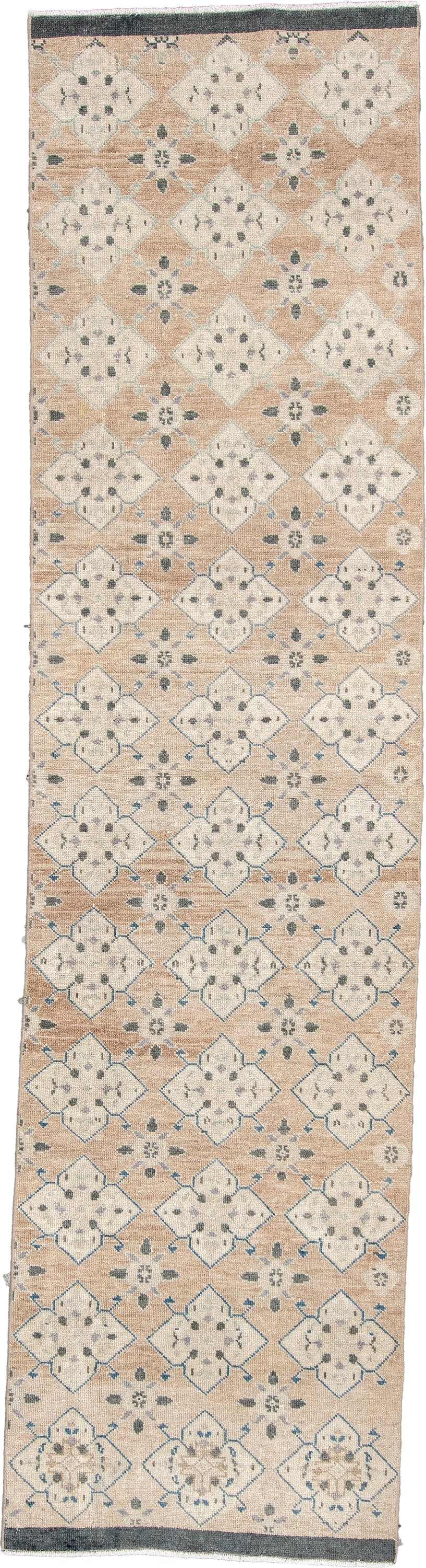 2' x 10' one-of-a-kind handmade antique Anatolian runner rug. Color palette: camel, ivory, charcoal, blue gray, taupe, cream