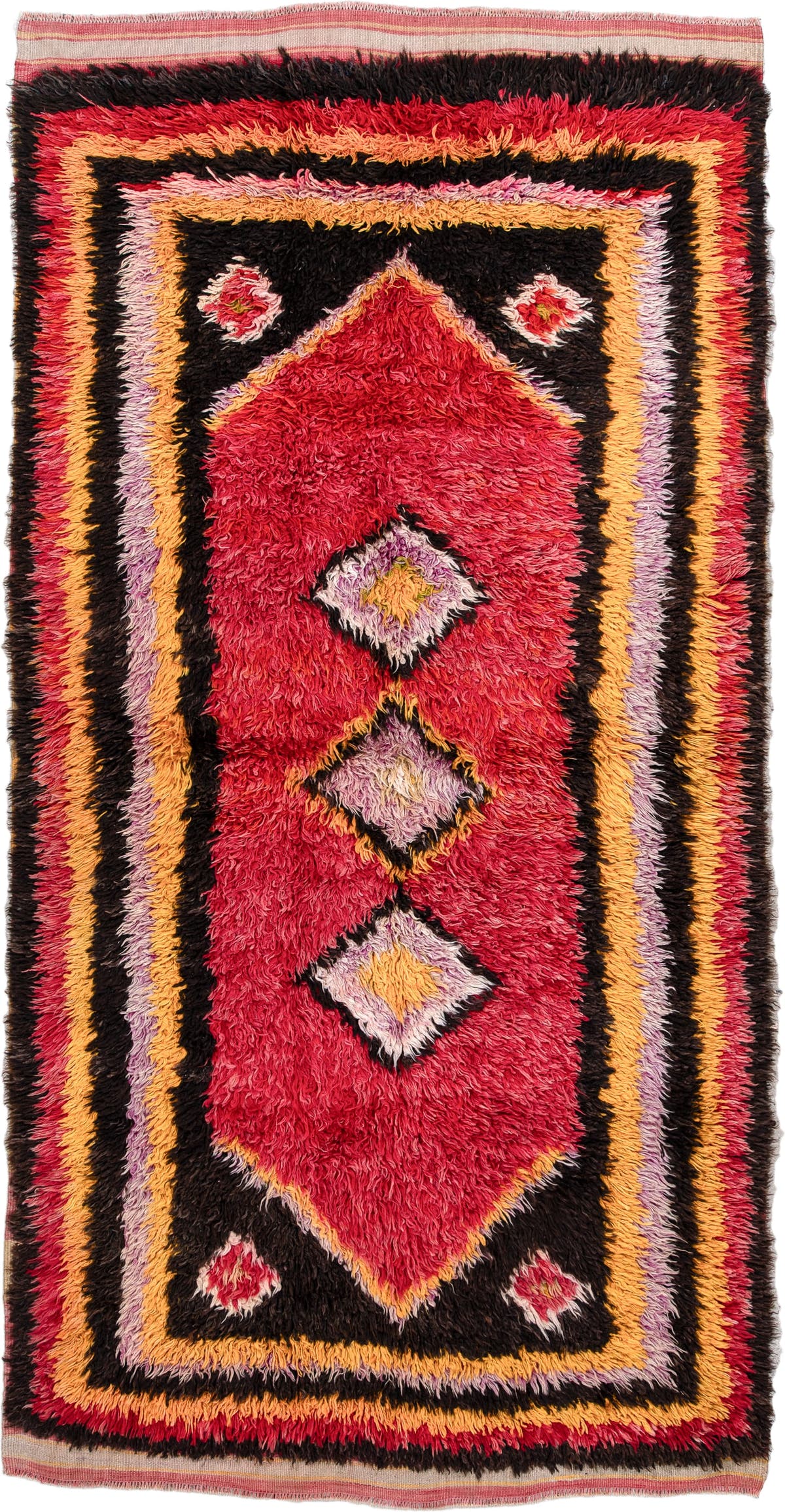 4' x 8' one-of-a-kind handmade antique Tulu rug. Color palette: crimson, dark brown, saffron, lavender, rose, coral, ivory