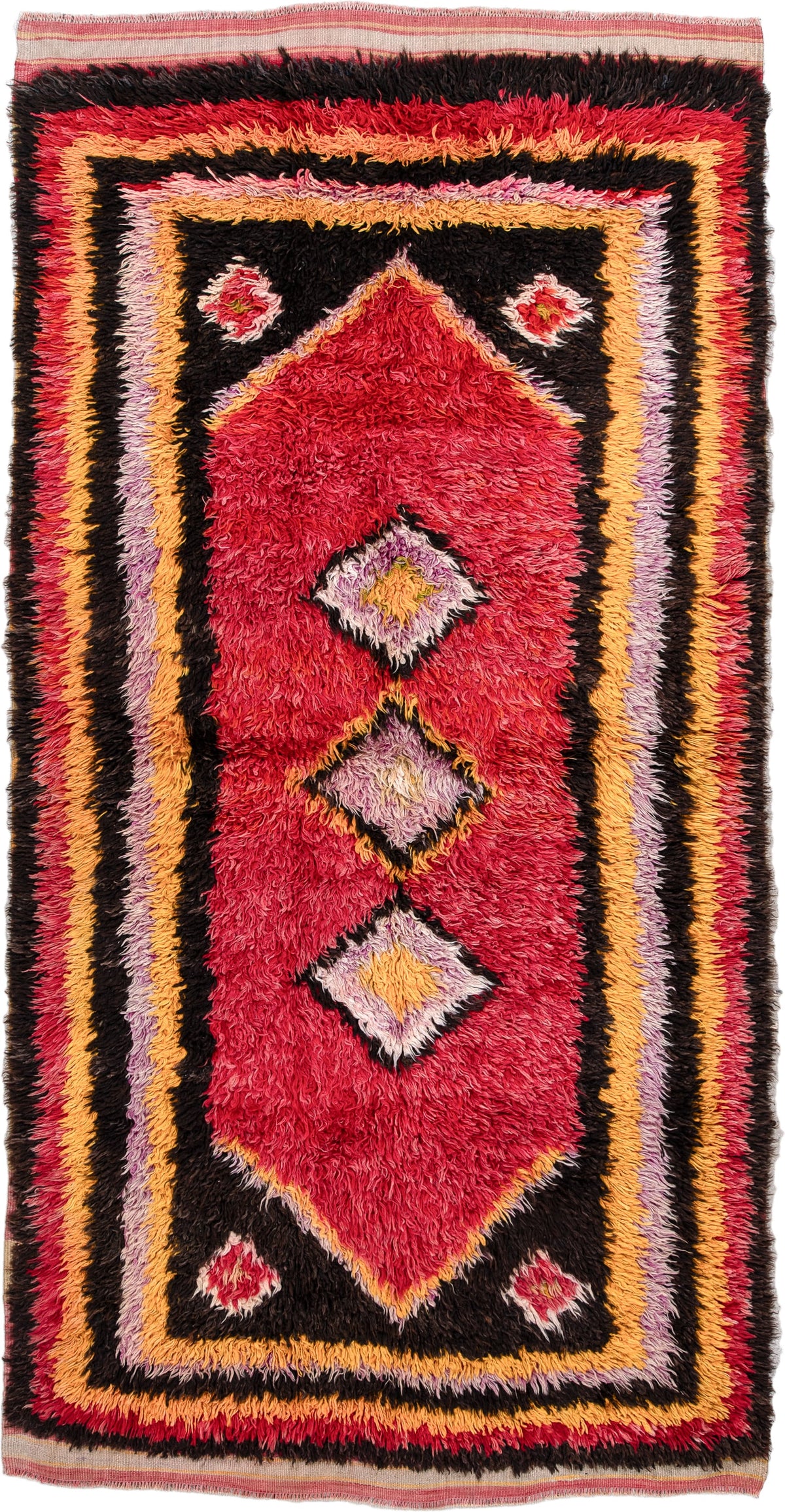 4' x 8' one-of-a-kind handmade antique Tulu rug. Color palette: crimson, dark brown, saffron, lavender, rose, coral, ivory