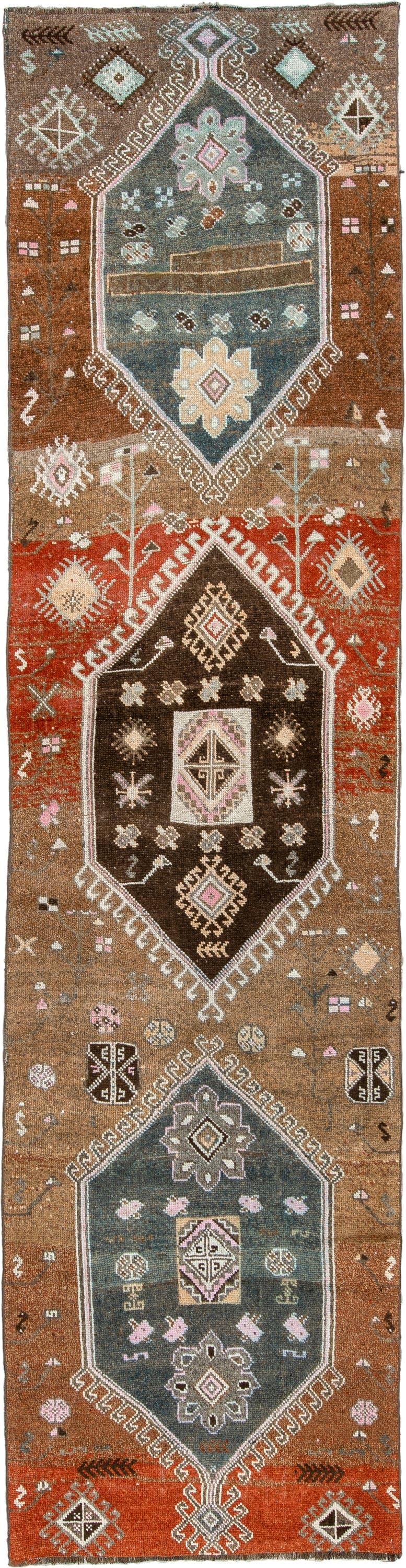 3' x 12' one-of-a-kind handmade antique Kars runner rug. Color palette: camel, rust, blue gray, charcoal, ivory, taupe, rose