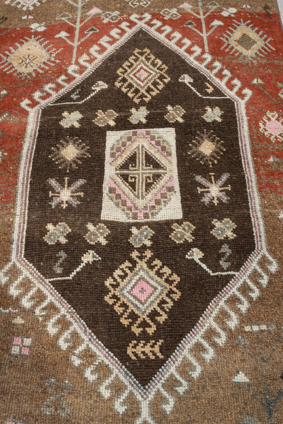 3' x 12' one-of-a-kind handmade antique Kars runner rug. Color palette: camel, rust, blue gray, charcoal, ivory, taupe, rose