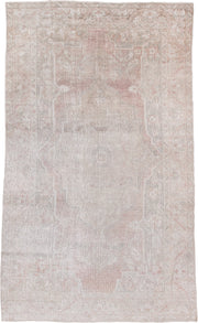6' x 10' one-of-a-kind handmade antique Oushak large size rug. Color palette: ivory, blush, taupe, pale rose, beige, sage