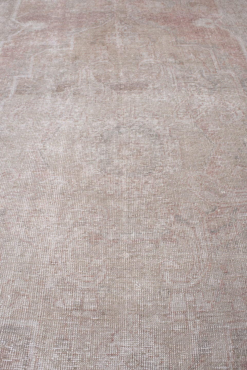 6' x 10' one-of-a-kind handmade antique Oushak large size rug. Color palette: ivory, blush, taupe, pale rose, beige, sage