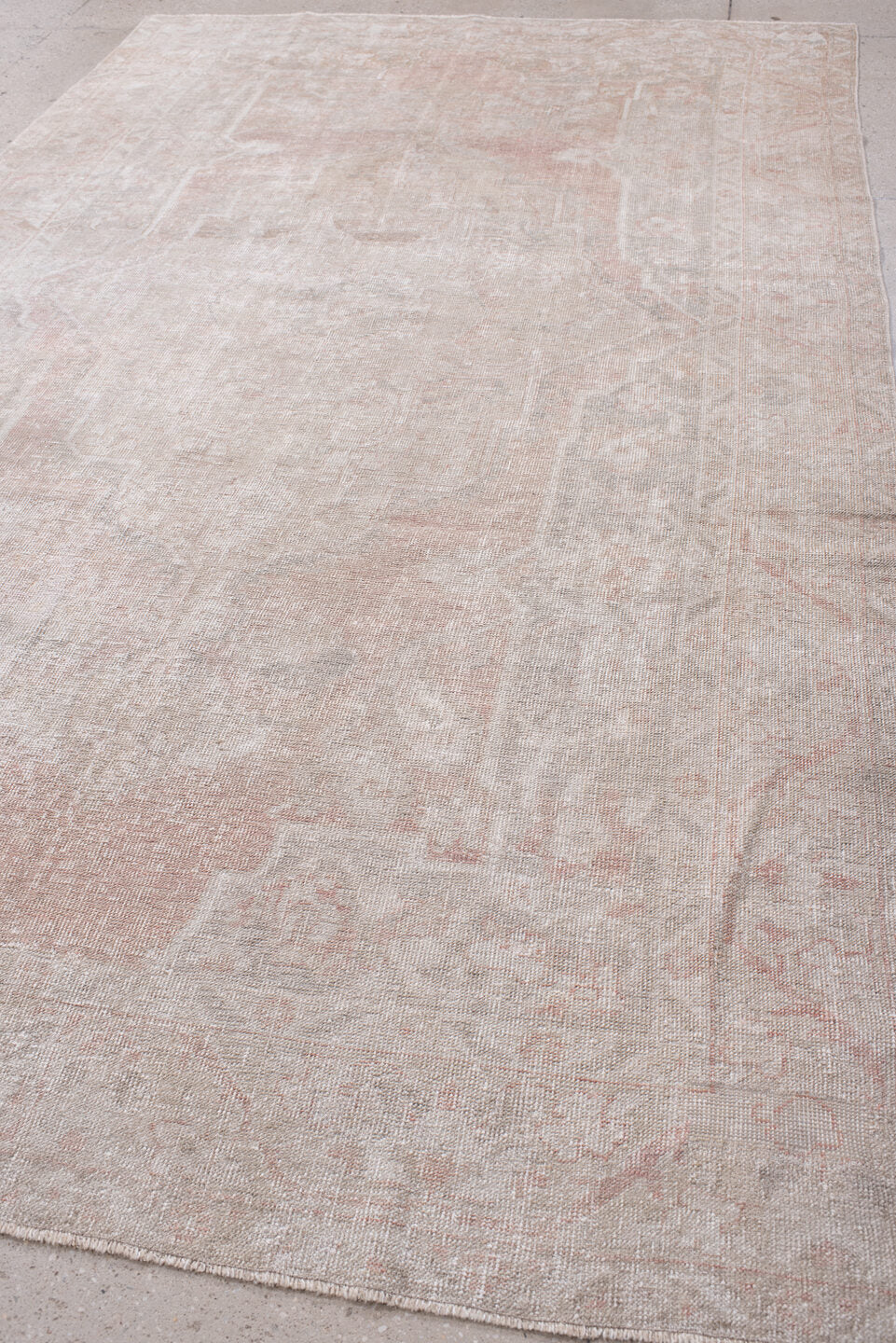 6' x 10' one-of-a-kind handmade antique Oushak large size rug. Color palette: ivory, blush, taupe, pale rose, beige, sage