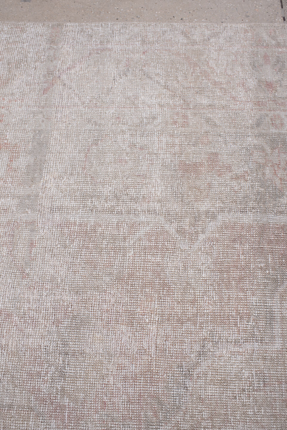 6' x 10' one-of-a-kind handmade antique Oushak large size rug. Color palette: ivory, blush, taupe, pale rose, beige, sage