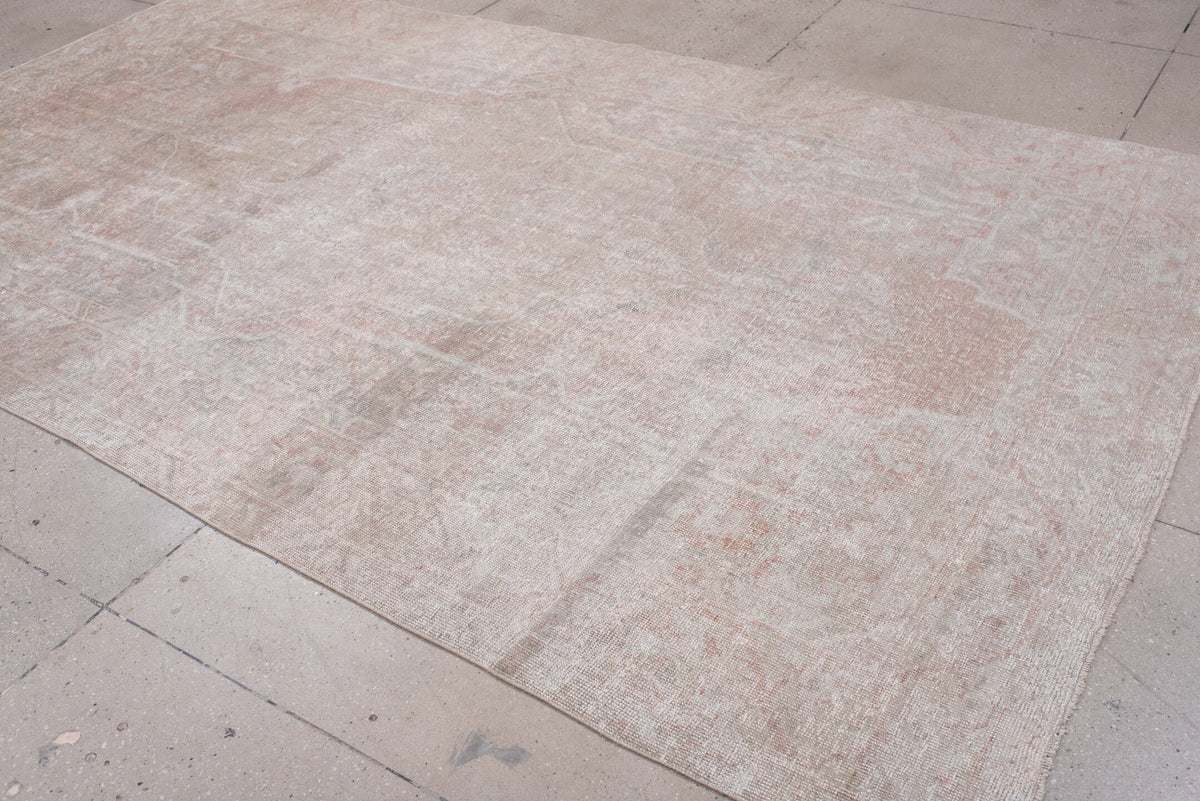 6' x 10' one-of-a-kind handmade antique Oushak large size rug. Color palette: ivory, blush, taupe, pale rose, beige, sage