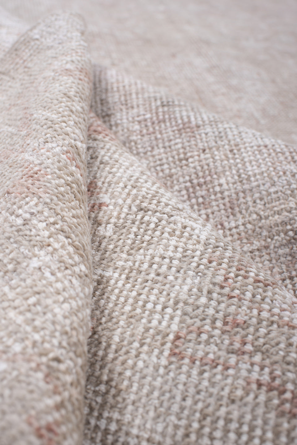 6' x 10' one-of-a-kind handmade antique Oushak large size rug. Color palette: ivory, blush, taupe, pale rose, beige, sage