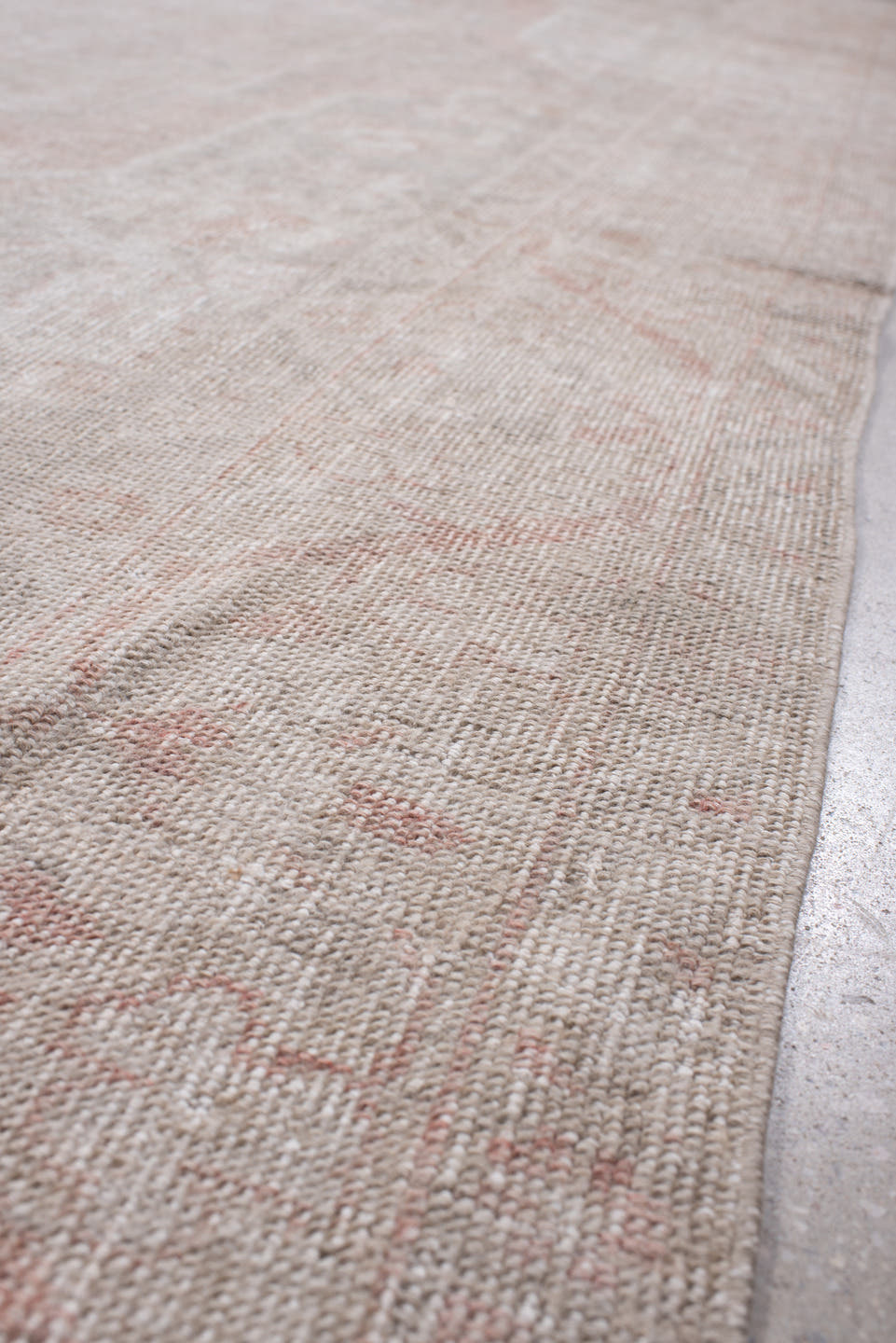 6' x 10' one-of-a-kind handmade antique Oushak large size rug. Color palette: ivory, blush, taupe, pale rose, beige, sage