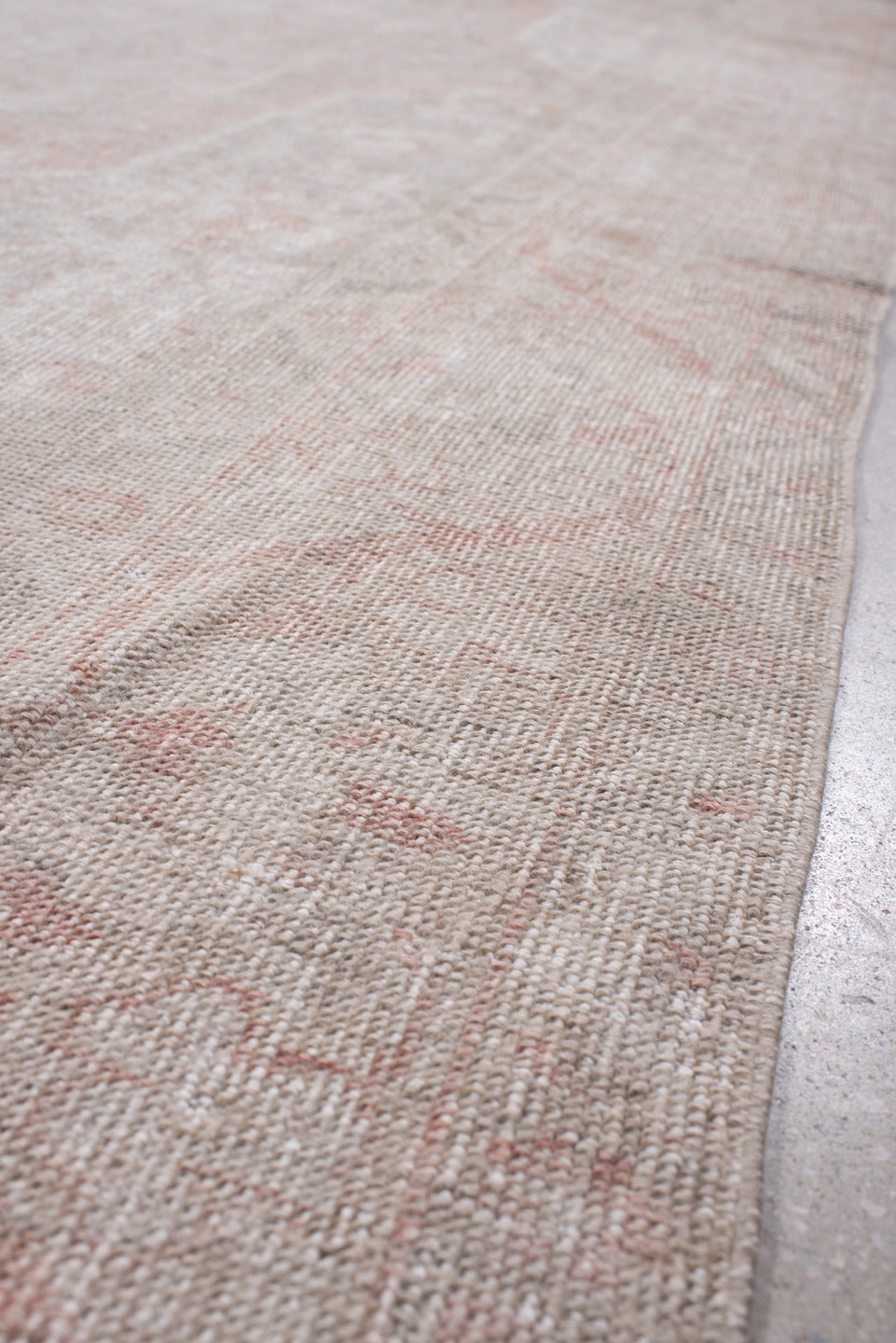 6' x 10' one-of-a-kind handmade antique Oushak large size rug. Color palette: ivory, blush, taupe, pale rose, beige, sage