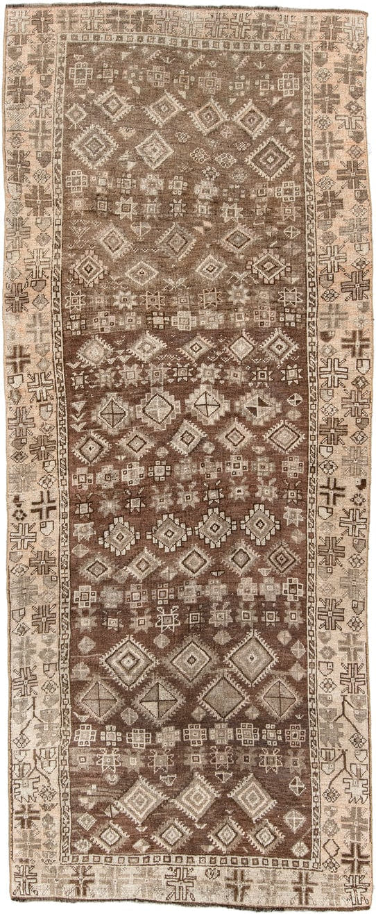 4' x 11' one-of-a-kind handmade antique Kars runner rug. Color palette: brown, ivory, taupe, charcoal, beige, camel, gray