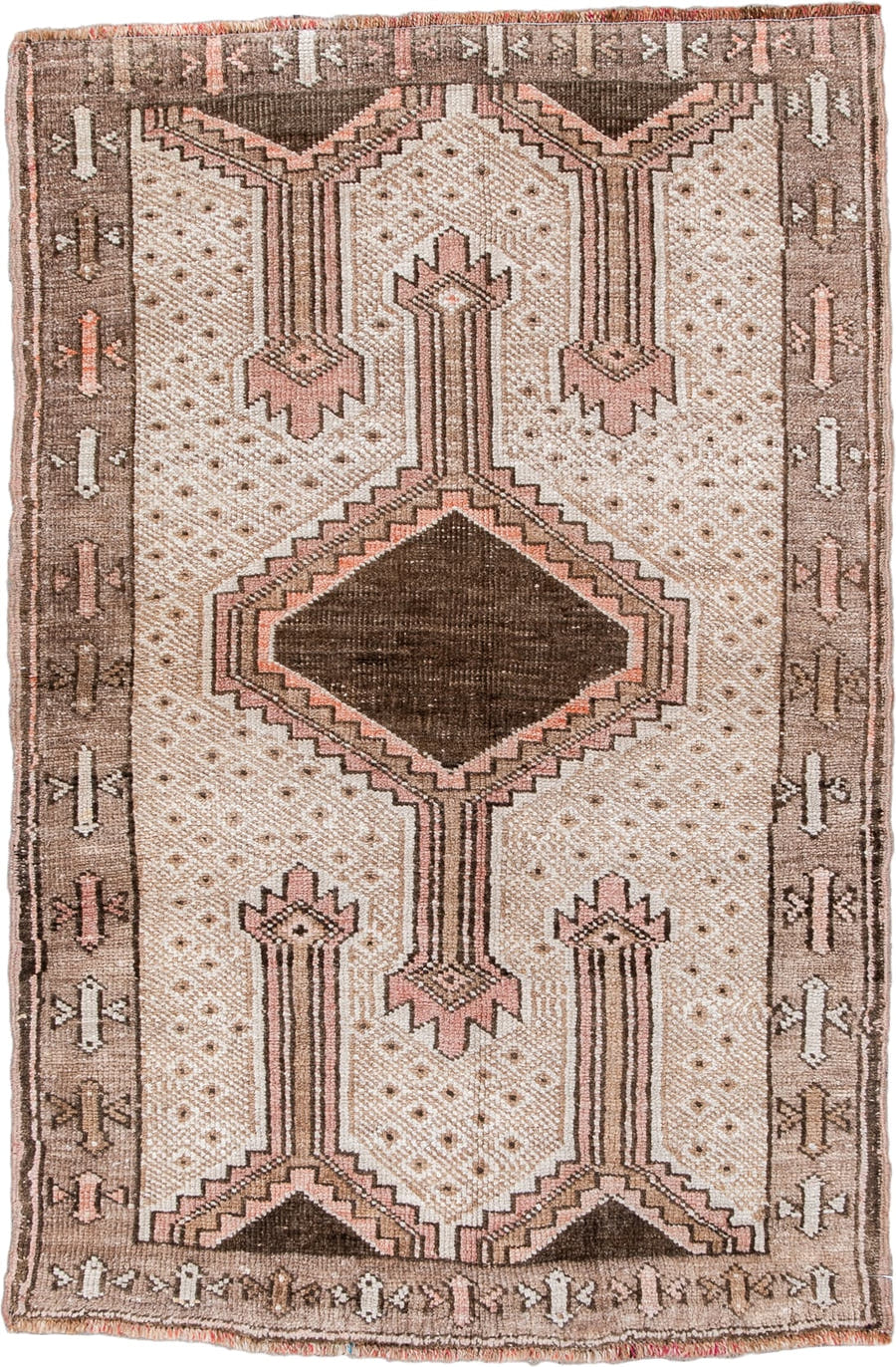 3' x 4' one-of-a-kind handmade antique Anatolian small size rug. Color palette: ivory, cocoa brown, taupe, rose, charcoal