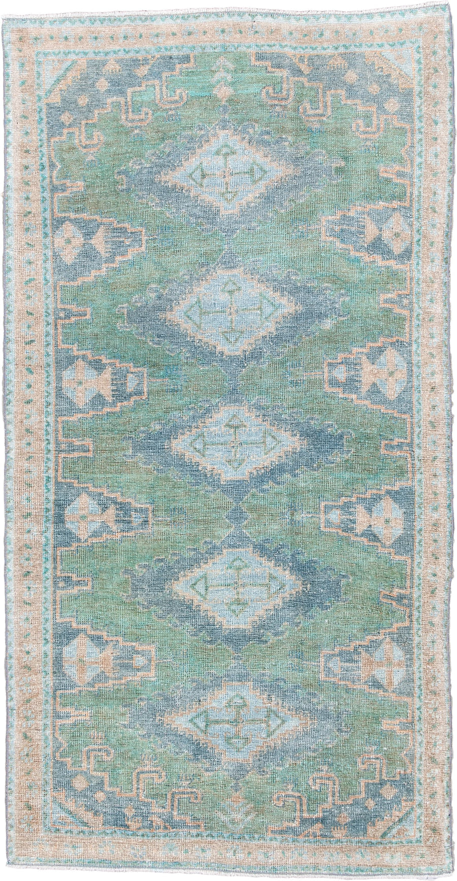 3' x 6' one-of-a-kind handmade antique Veece rug. Color palette: turquoise, blue gray, ivory, peach, sage, taupe, teal, gray