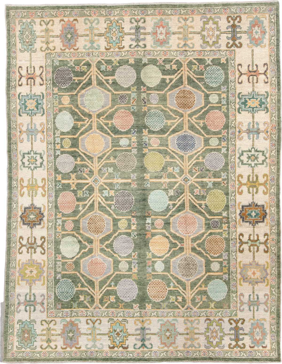 8' x 10' one-of-a-kind handmade antique Oushak large size rug. Color palette: sage, ivory, coral, gold, pale blue, charcoal