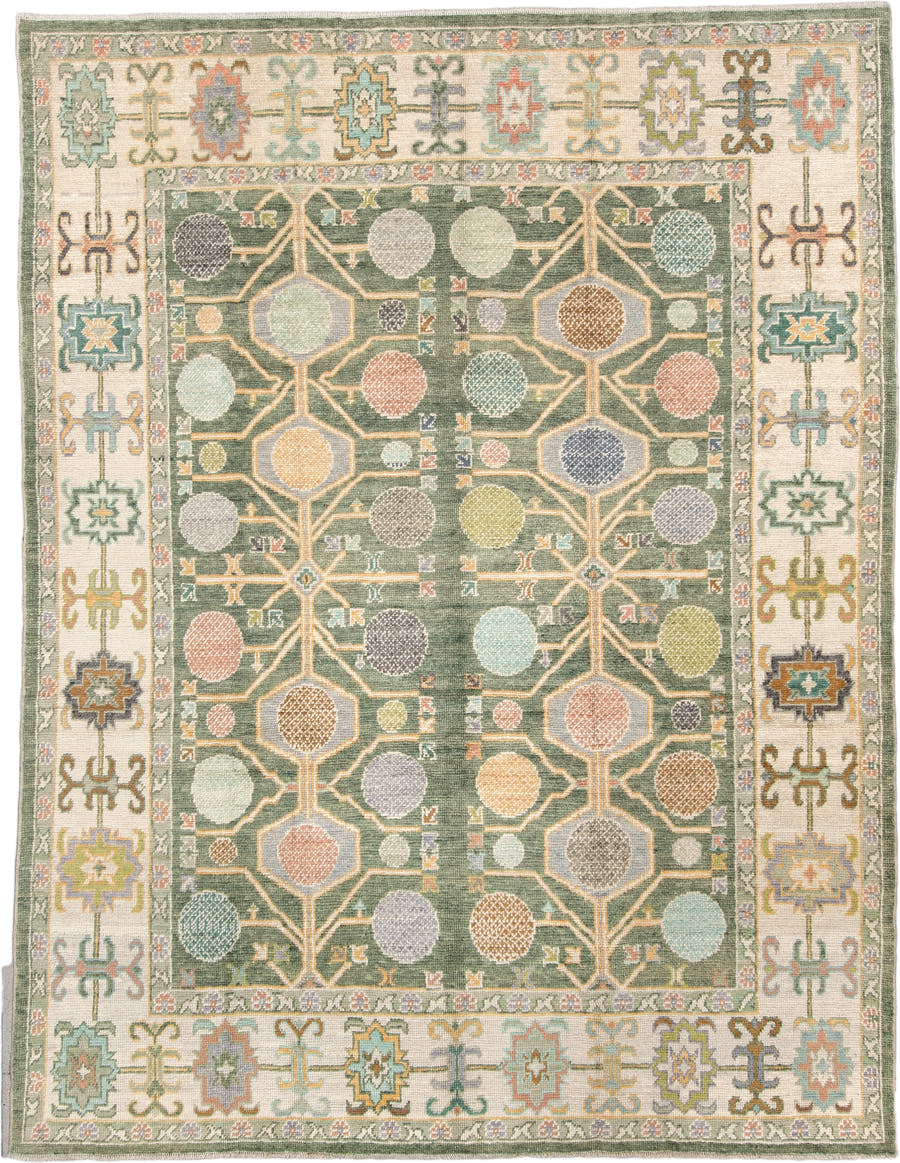 8' x 10' one-of-a-kind handmade antique Oushak large size rug. Color palette: sage, ivory, coral, gold, pale blue, charcoal