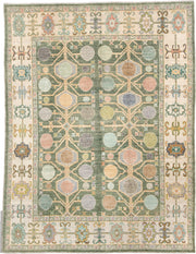 8' x 10' one-of-a-kind handmade antique Oushak large size rug. Color palette: sage, ivory, coral, gold, pale blue, charcoal