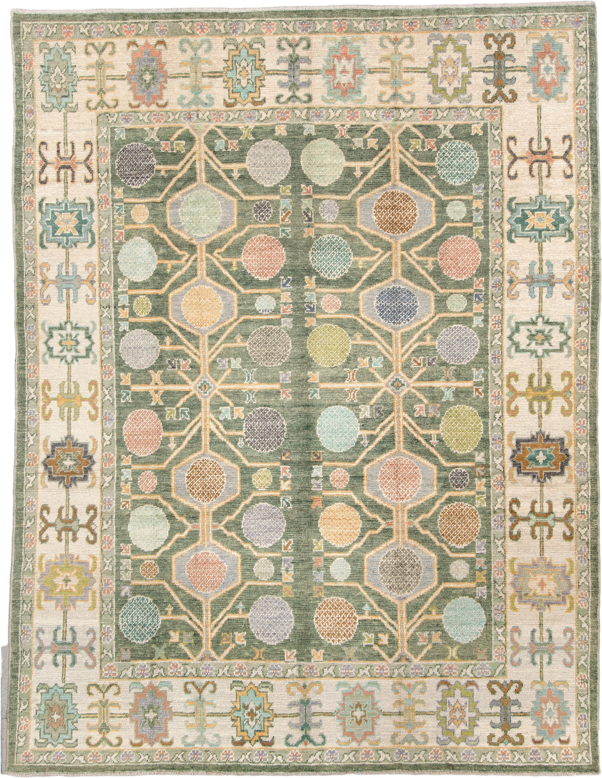 8' x 10' one-of-a-kind handmade antique Oushak large size rug. Color palette: sage, ivory, coral, gold, pale blue, charcoal