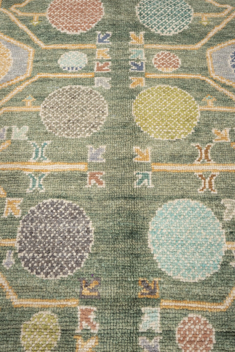 8' x 10' one-of-a-kind handmade antique Oushak large size rug. Color palette: sage, ivory, coral, gold, pale blue, charcoal