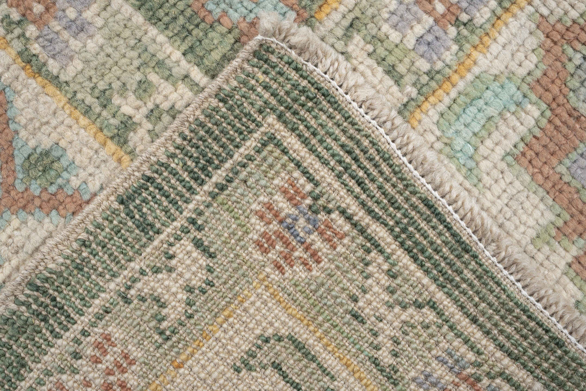8' x 10' one-of-a-kind handmade antique Oushak large size rug. Color palette: sage, ivory, coral, gold, pale blue, charcoal