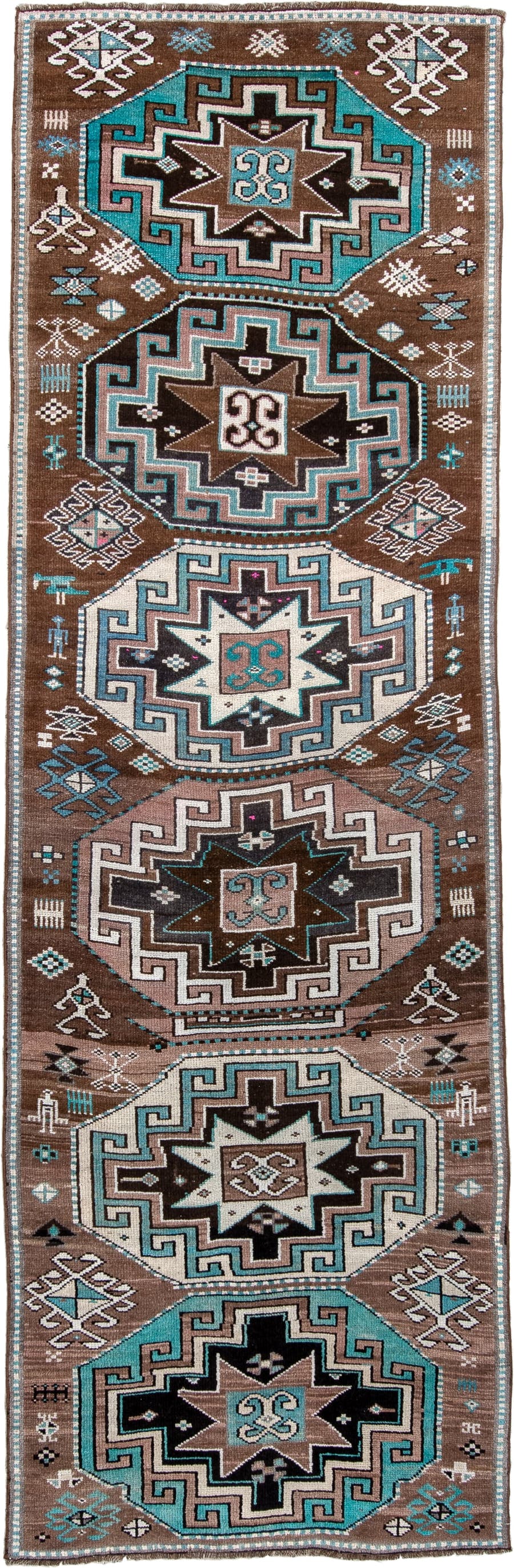 3' x 10' one-of-a-kind handmade vintage Kars runner rug. Color palette: brown, turquoise, ivory, charcoal, soft rose, black