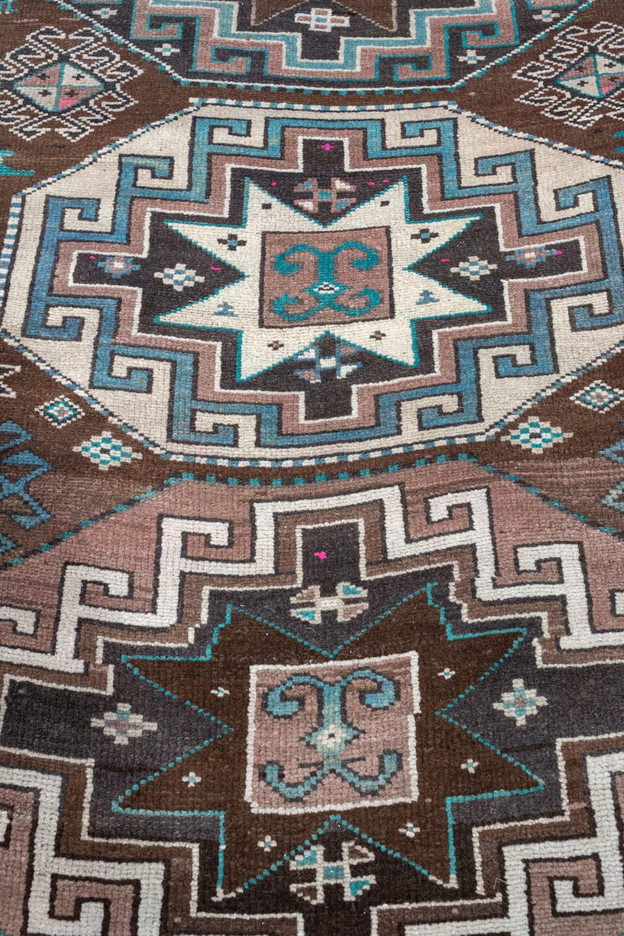 3' x 10' one-of-a-kind handmade vintage Kars runner rug. Color palette: brown, turquoise, ivory, charcoal, soft rose, black
