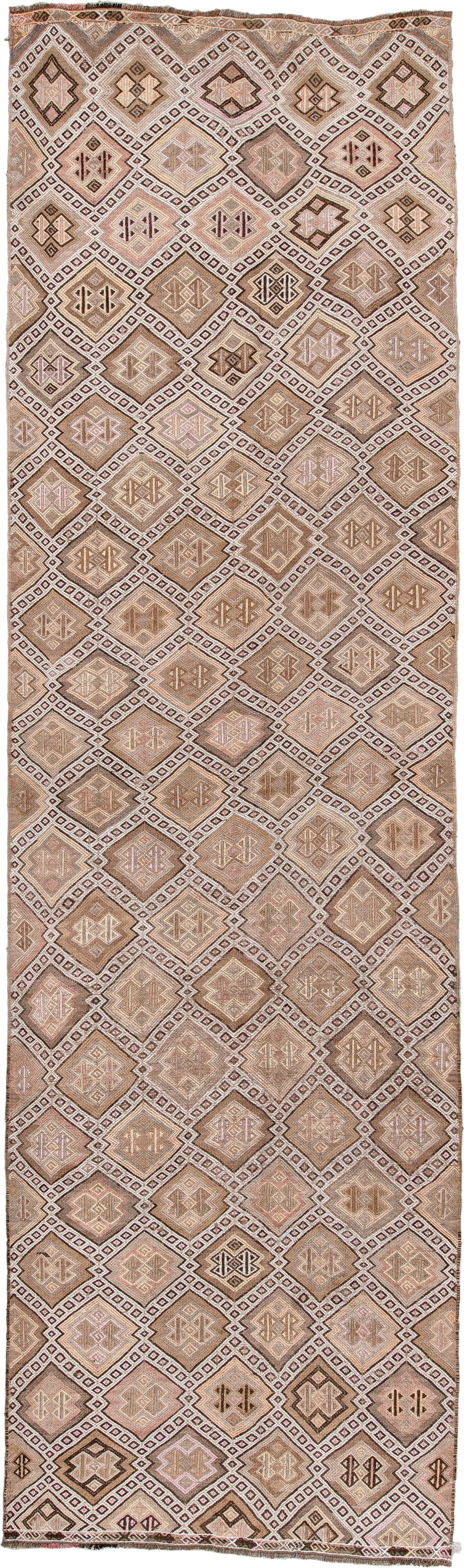 4' x 16' one-of-a-kind handmade antique Jijim runner rug. Color palette: ivory, taupe, camel, dusty rose, brown, charcoal