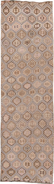 4' x 16' one-of-a-kind handmade antique Jijim runner rug. Color palette: ivory, taupe, camel, dusty rose, brown, charcoal